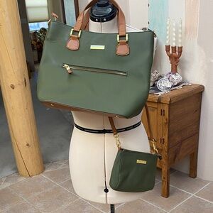 Joy & Iman Olive Green Leather Tote and Crossbody Bag Set